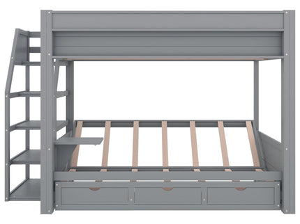 Wood Full Size Convertible Bunk Bed With Storage Staircase, Bedside Table, And 3 Drawers - Gray
