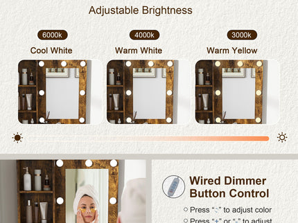 Vanity Table With Mirror, Adjustable LED Lights, Power Outlet, Hairdryer Holder & Stool