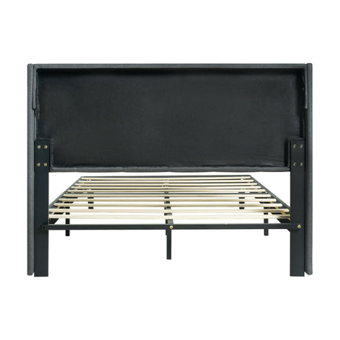 Queen Size Upholstered Platform Bed Frame With Button Tufted Linen Fabric Headboard - Dark Gray