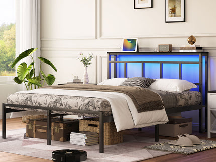 Bed Frame With Storage Headboard With USB C, Type C And LED Light