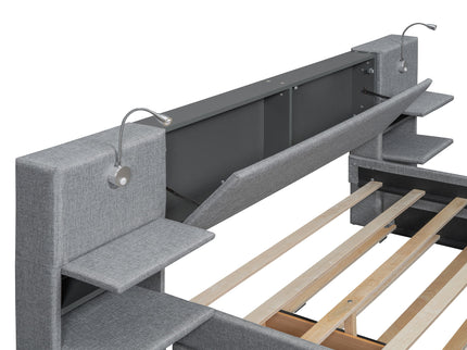Upholstered Platform Bed With Reading Lights, Drawers, Trundle And Shelves