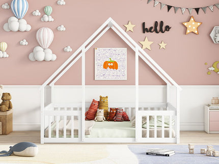 Wood House-Shaped Floor Bed With Fence, Guardrails