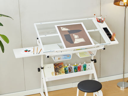 Adjustable Tempered Glass Drafting Printing Table With Chair