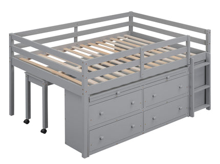 Loft Bed With Retractable Writing Desk And 4 Drawers, With Lateral Portable Desk And Shelves