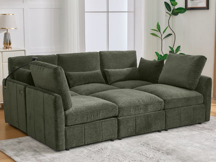 Modern Modular U-Shaped Sofa Bed With Movable Ottoman, USB Ports, Phone Holder