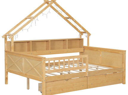 House Style Platform Bed With LED Lights, Storage Shelves, Drawers, And Guardrail