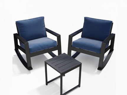 Outdoor Rocking Bistro Set Of 3, Oversized Rocking Chairs With Cushions And Side Table - Black / Blue