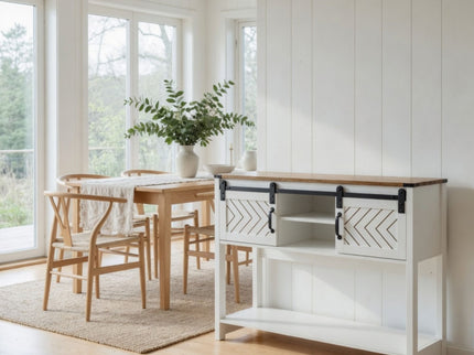 Entryway Table With Sliding Barn Door Storage - White / Oak