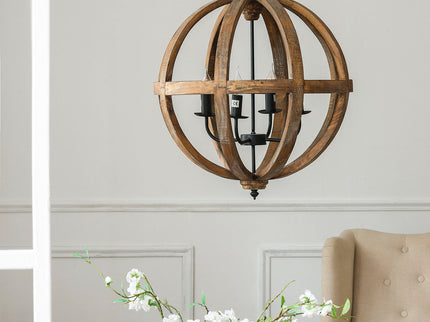 4 Light Wood Chandelier, Hanging Light Fixture With Adjustable Chain For Kitchen, Bulb Not Included - Brown