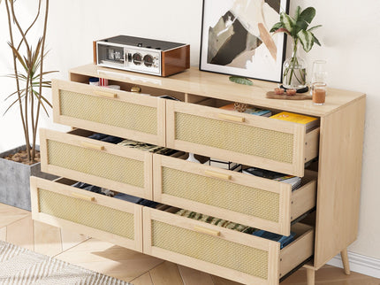 Rattan 6 Drawers Chest Of Dressers For Bedroom, Modern 6 Drawer Dresser, Wide Chest Of Drawers With Wood Handles, Rattan Dresser Storage Cabinet For Living Room, Bedroom, Hallway - Natural Wood / Oak