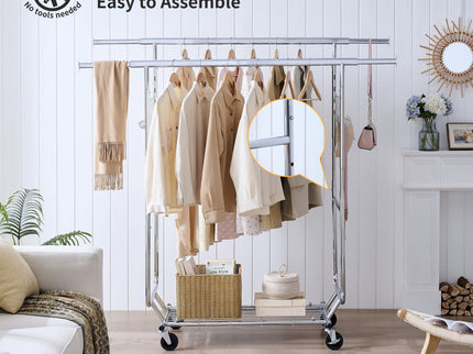 Heavy Duty Double Clothing Garment Rack With Shelves - Silver