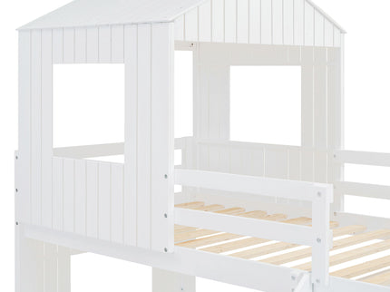 Loft Bunk Bed With Playhouse, Farmhouse, Ladder, Slide And Guardrails