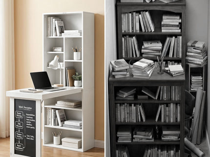 Folding Desk With Storage, Foldable Convertible Writing Table With Blackboard And Shelves For Home Office