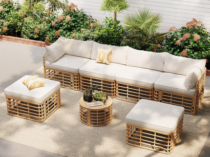 Outdoor Patio Furniture, All-Weather Rattan Sectional Sofa Set With Thick Cushions And Pillows, Freely Combined Conversation Sets For Garden, Backyard, Balcony