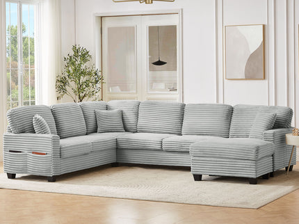 Upholstered U-Shaped Sectional Sofa With Movable Ottoman And Side Storage Pockets