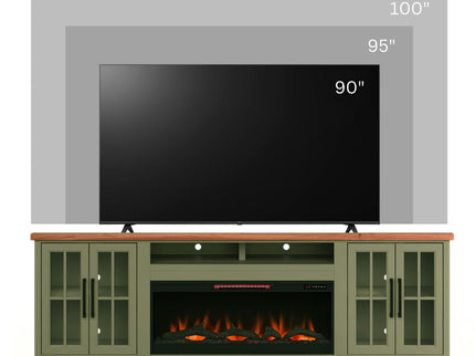 97" Fireplace TV Stand Console For TVs Up To 100" - Sage Green And Fruitwood Finish
