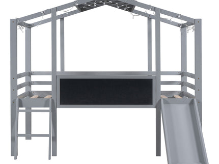 Loft House Bed With Ladder And Slide, With board And Light Strip On The Roof