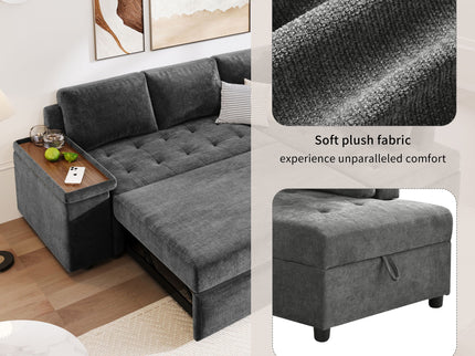L Shaped Couch With Pull Out Bed And Storage Sectional Sleeper Sofa With Hidden Storage, Wide Armrest With Storage, For Living Room, Apartment, Bedroom, Office