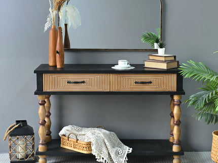 Accent Carved Console Table With Open Shelf And 2 Drawers Living Room - Black / Natural Wood Wash