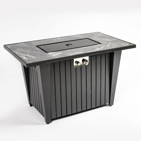 Morden Steel Fire Pit Table With Marble Tile Tabletop, Glass Wind Guard And Lid