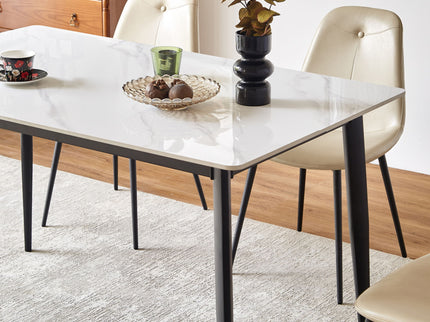 Mid Century Modern Dining Table Round White Sintered Stone Top Heavy Duty Metal Legs Waterproof Surface For Kitchen Dining Room Or Office Furniture - White / Black