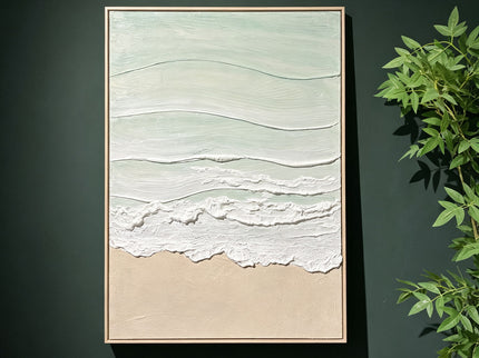Framed Beach Wall Art, Textured Canvas Painting, Neutral Ocean Decor For Living Room - Beige / Blue