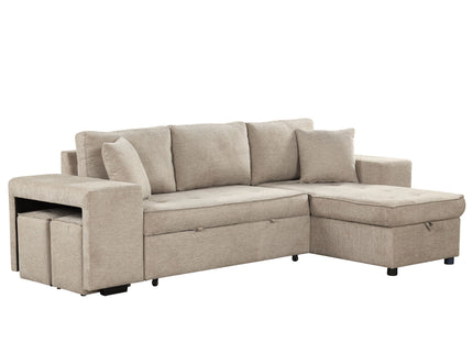 Modern L-Shape 3 Seat Reversible Sectional Couch, Pull Out Sleeper Sofa With Storage Chaise And 2 Stools For Living Room Furniture Set
