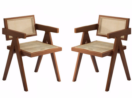 Modern Mid Century Dining Chairs (Set of 2), Rattan Accent Chairs, Comfy Armchairs, Outdoor Wood Chairs With Armrest - Walnut