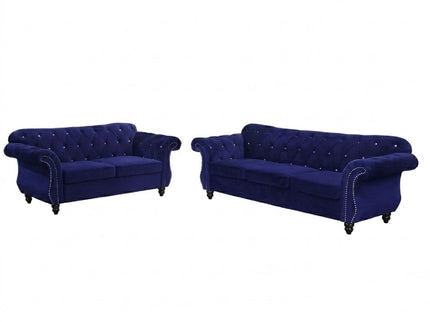 Upholstered Sofa Set With Crystal Tufted Seat And Nailhead Trim, 2 Piece Living Room Furniture - Indigo