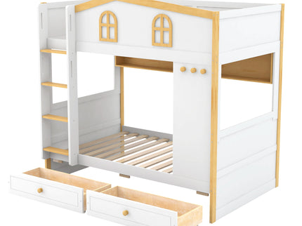 Twin Over Twin Bunk Bed With House Shaped Guardrails, Storage Shelves & Drawers - White / Natural