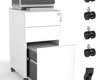 3-Drawer Mobile File Cabinet With Lock, On Wheels, Two Shallow & One Deep Drawer For Office/Home, Fully Assembled - White