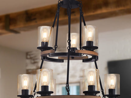 Wagon Wheel Chandelier, Ceiling Light With Adjustable Height - Black / Brown