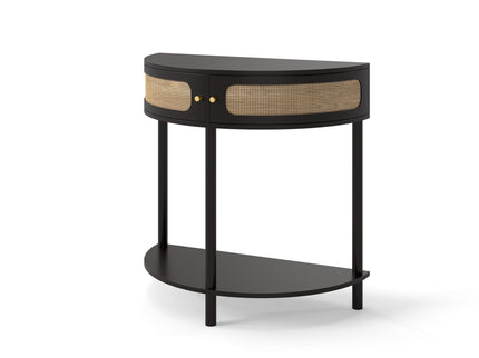 Boho Rattan Semi Circle End Table With Sliding Rattan Door, Storage And Bottom Shelf