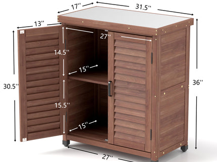 Potting Bench With Storage Cabinet And Metal Table Top For Outdoor