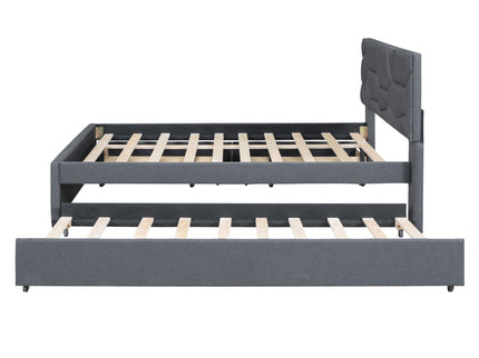 Upholstered Platform Bed With Brick Pattern Headboard And Twin Long Size Trundle