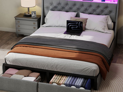 Floating Bed Frame With Rgb LED Light, 2 Storage Drawers & Headboard Shelf
