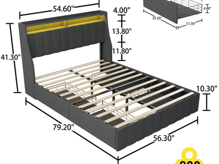 Bed With LED Lights, 4 Drawers, Winged Headboard Upholstered