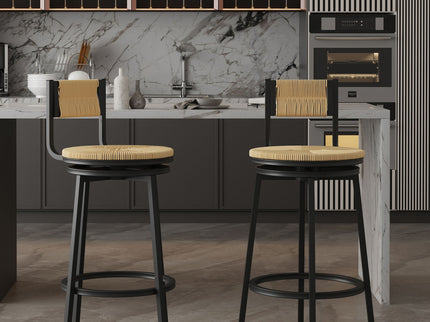 Bar Stools Swivel Counter Chairs With Metal Frame Hand Woven Paper Rope Dining Barstools For Kitchen Counter (Set of 2)