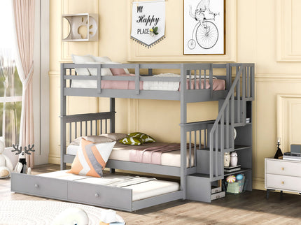 Stairway Bunk Bed With Storage And Guard Rail For Bedroom