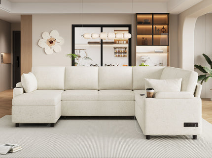 U-Shaped Sectional Sleeper Sofa With Ample Storage Space, 2 Cup Holders And Charging Ports For Living Room