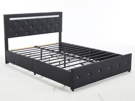 Upholstered Bed Frame With LED Lights, 4 Storage Drawers, Charging Station