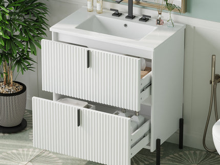 Fluted Bathroom Vanity With Ceramic Sink, Freestanding Design