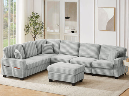 Upholstered U-Shaped Sectional Sofa With Movable Ottoman And Side Storage Pockets