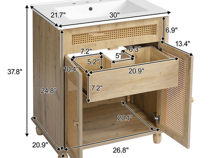 Bathroom Vanity With Handwoven Rattan Doors, Resin Basin - Natural Wood