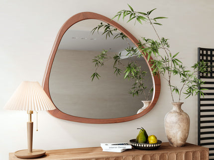 Asymmetrical Wall Mirror Wooden Framed Mirror Large Sized Dressing Mirror, For Living Room, Bedroom, Bathroom, Hallway Or Entry Way - Natural Wood