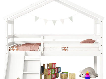 Low Loft House Bed With Slide, Ladder, Safety Guardrails, House Roof Frame