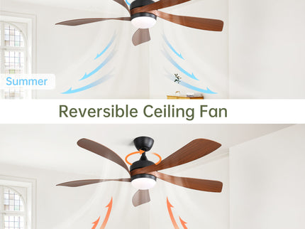 52" Ceiling Fan With 3 Color Dimmable LED Light, 5 Blades, Remote Control, Reversible DC Motor