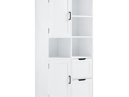 Freestanding Bathroom Storage Cabinet With Doors And Drawers, Adjustable Shelf, Open Shelves - White