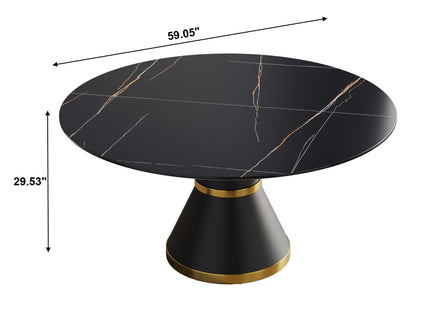 59.05" Modern Artificial Stone Round Black Carbon Steel Base Dining Table, Can Accommodate 6 People - Black