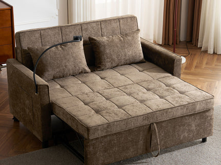 Pull-Out Sleeper Sofa With Reversible Backrest Cushion, Side Pockets, 2 USB Ports And A Phone Holder For Living Room
